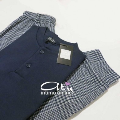 Pigiama Coveri EP5072 Prestige Tartan blu con toppe - pigiami invernali uomo