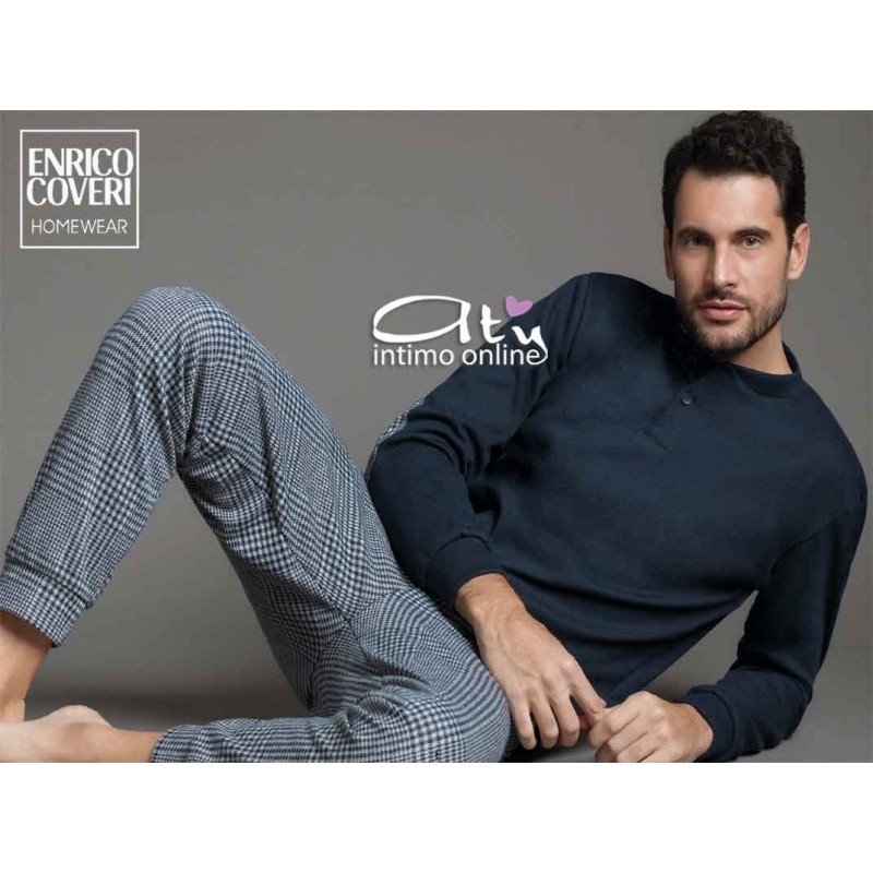 Pigiama Coveri EP5072 Prestige Tartan blu con toppe - pigiami invernali uomo