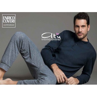 Pigiama Coveri EP5072 Prestige Tartan blu con toppe - pigiami invernali uomo