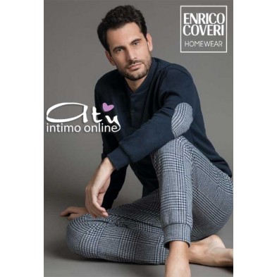 Pigiama Coveri EP5072 Prestige Tartan blu con toppe - pigiami invernali uomo