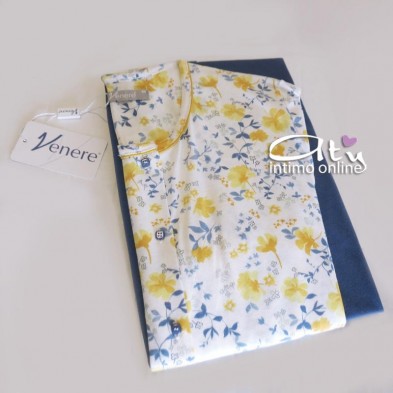 Pigiama estivo femminile color Bianco e Jeans con fiori Gialli 3094 Venere