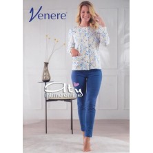 Pigiama estivo femminile color Bianco e Jeans con fiori Gialli 3094 Venere