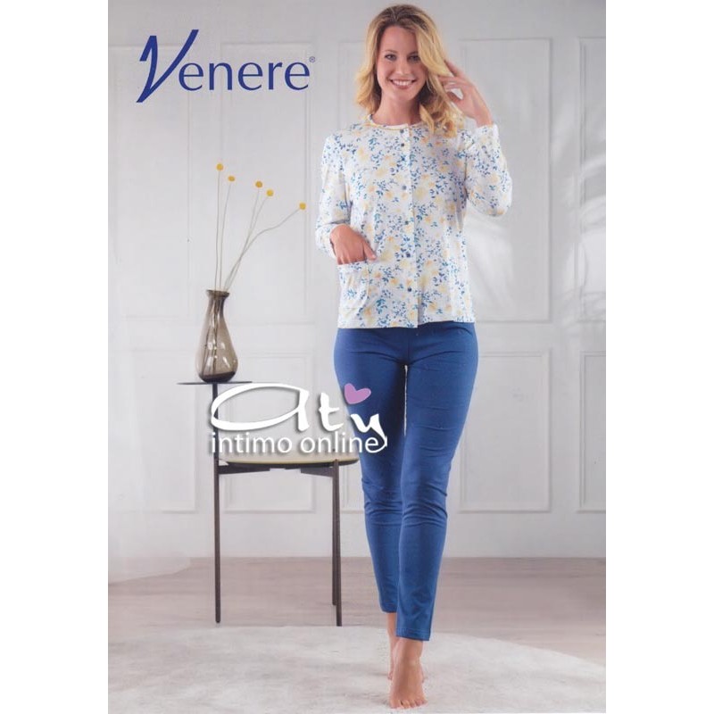 Pigiama estivo femminile color Bianco e Jeans con fiori Gialli 3094 Venere