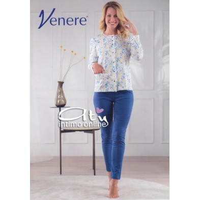 Pigiama estivo femminile color Bianco e Jeans con fiori Gialli 3094 Venere