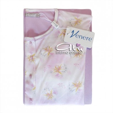 Pigiama estivo color bianco e lilla con fiore rosa e giallo 3082 Venere notte donna