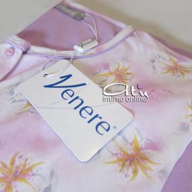 Pigiama estivo color bianco e lilla con fiore rosa e giallo 3082 Venere notte donna
