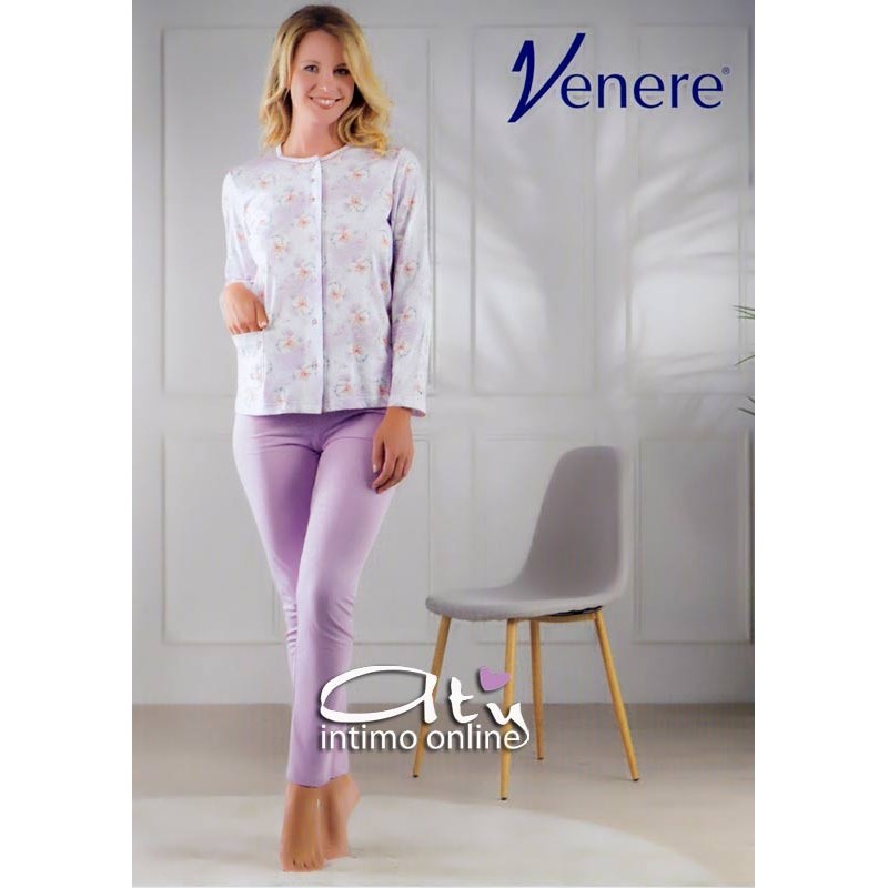 Pigiama estivo color bianco e lilla con fiore rosa e giallo 3082 Venere notte donna