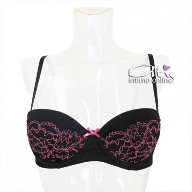 Jadea Chic reggiseno balconetto + mutanda nera con balza di pizzo fuxia 4143