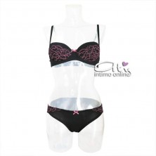 Jadea Chic reggiseno balconetto + mutanda nera con balza di pizzo fuxia 4143