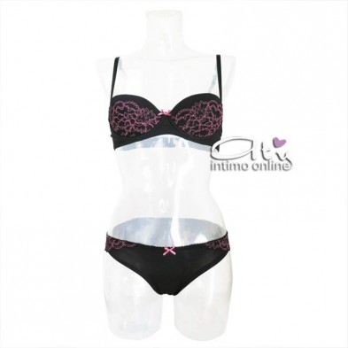 Jadea Chic reggiseno balconetto + mutanda nera con balza di pizzo fuxia 4143