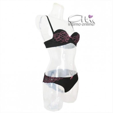 Jadea Chic reggiseno balconetto + mutanda nera con balza di pizzo fuxia 4143