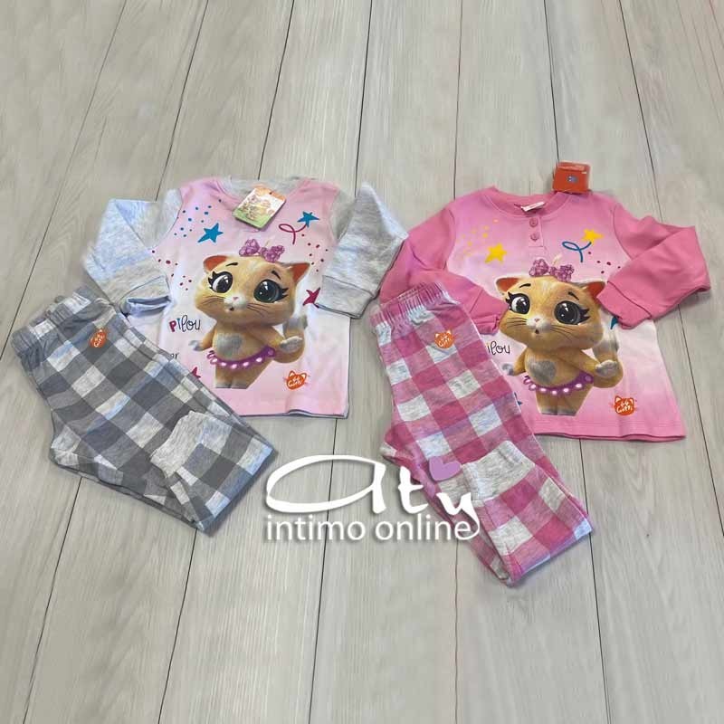 Pigiama Buffycats bimba 3-7 anni rosa o grigio melange - pigiami bambina