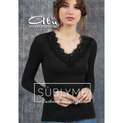 Maglia donna Sublyme costina The luxury cashmere ultra light V pizzo