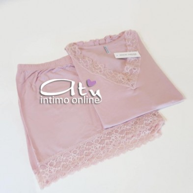 Pigiama estivo da donna rosa skin e Blu scuro con pizzo MagicDream
