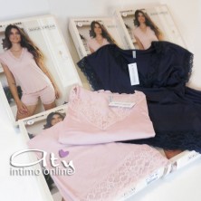 Pigiama estivo da donna rosa skin e Blu scuro con pizzo MagicDream