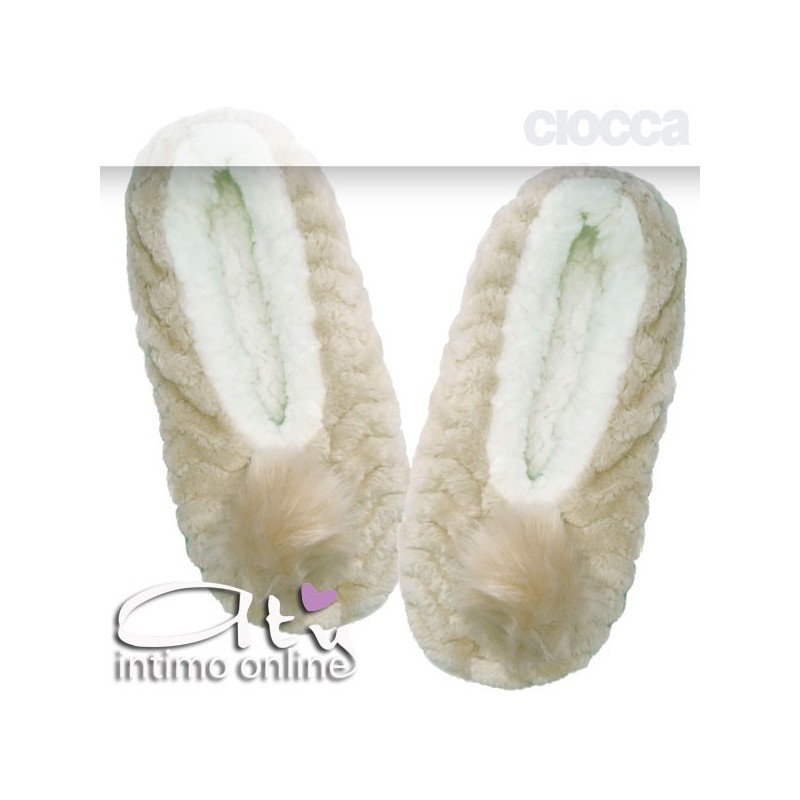 Pantofole in pelliccia beige tortora con pompon 780 Ciocca