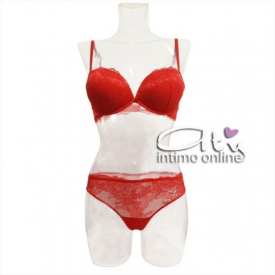 Completino intimo donna in pizzo rosso push up +2 taglie Opulenta Fatata Lormar