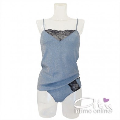 Completino intimo RossoPorpora pizzo e lurex nero e cielo CD770