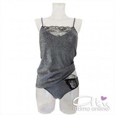 Completino intimo RossoPorpora pizzo e lurex nero e cielo CD770