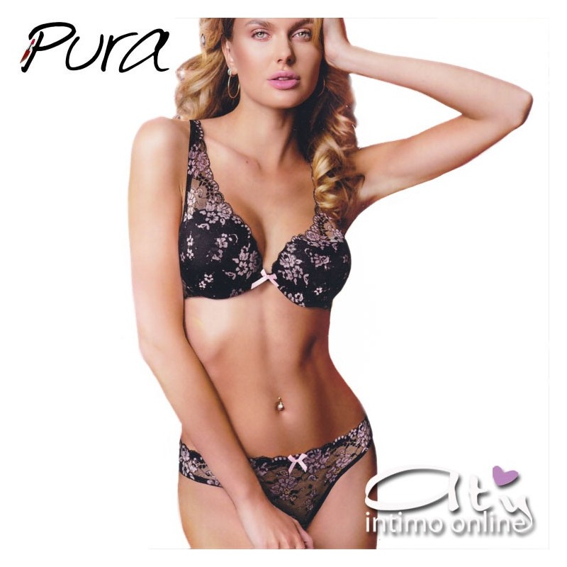 Completo intimo donna bralette in pizzo nero con fiori rosa Pura P0539C