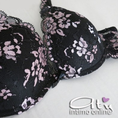 Completo intimo donna bralette in pizzo nero con fiori rosa Pura P0539C