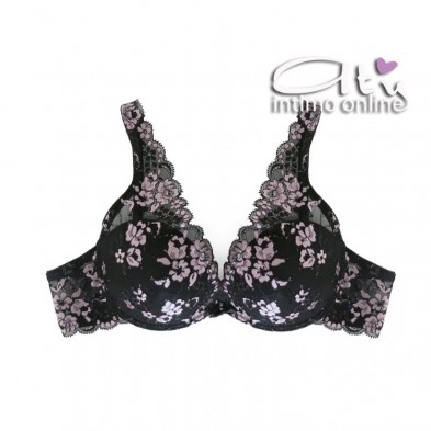 Completo intimo donna bralette in pizzo nero con fiori rosa Pura P0539C