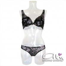 Completo intimo donna bralette in pizzo nero con fiori rosa Pura P0539C