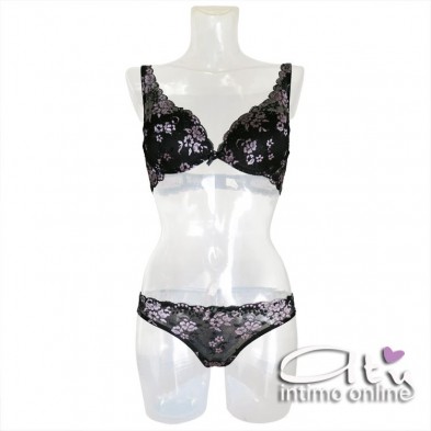 Completo intimo donna bralette in pizzo nero con fiori rosa Pura P0539C