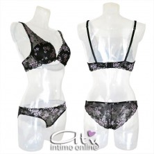 Completo intimo donna bralette in pizzo nero con fiori rosa Pura P0539C
