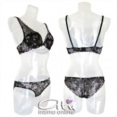 Completo intimo donna bralette in pizzo nero con fiori rosa Pura P0539C
