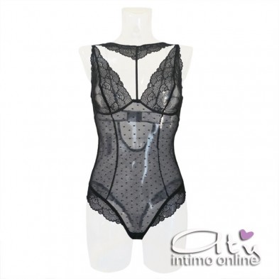 LivCo Corsetti sexy body nero in tulle con coppe in pizzo Kreame