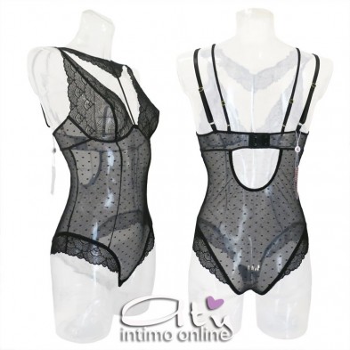 LivCo Corsetti sexy body nero in tulle con coppe in pizzo Kreame