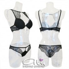 Lormar completo intimo nero con reggiseno top sexy con inserto strass STA10094