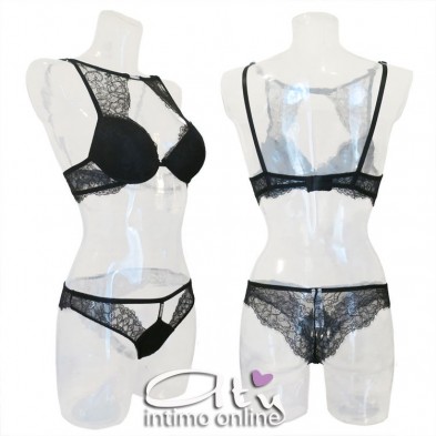 Lormar completo intimo nero con reggiseno top sexy con inserto strass STA10094