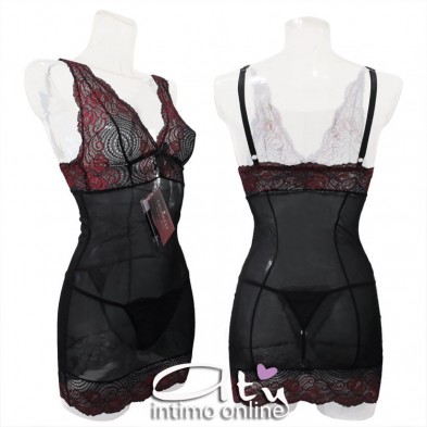 Babydoll sottoveste con sexy pizzo con rose e perizoma 4211 Chilirose