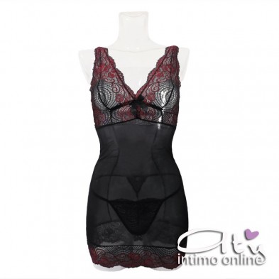 Babydoll sottoveste con sexy pizzo con rose e perizoma 4211 Chilirose