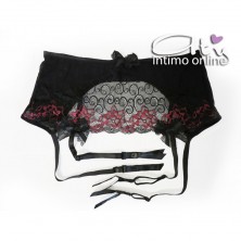 Reggiseno sexy + perizoma + reggicalze in pizzo nero e ciclamino Roselani LivCorsetti