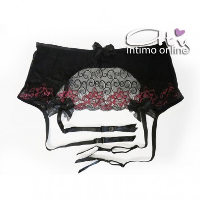 Reggiseno sexy + perizoma + reggicalze in pizzo nero e ciclamino Roselani LivCorsetti