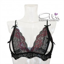 Reggiseno sexy + perizoma + reggicalze in pizzo nero e ciclamino Roselani LivCorsetti