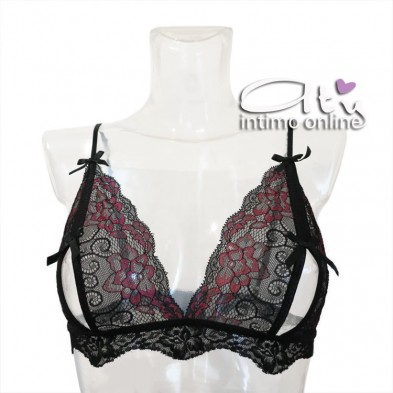 Reggiseno sexy + perizoma + reggicalze in pizzo nero e ciclamino Roselani LivCorsetti
