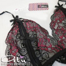 Reggiseno sexy + perizoma + reggicalze in pizzo nero e ciclamino Roselani LivCorsetti