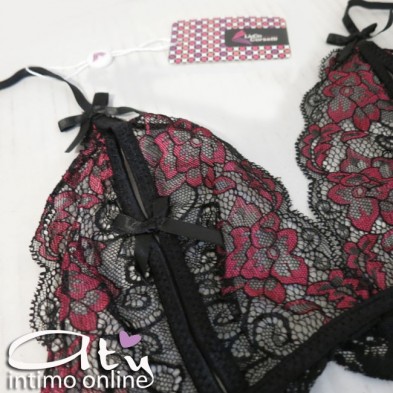 Reggiseno sexy + perizoma + reggicalze in pizzo nero e ciclamino Roselani LivCorsetti