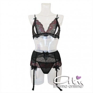 Reggiseno sexy + perizoma + reggicalze in pizzo nero e ciclamino Roselani LivCorsetti