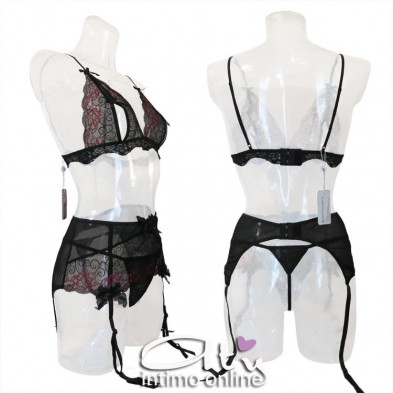 Reggiseno sexy + perizoma + reggicalze in pizzo nero e ciclamino Roselani LivCorsetti