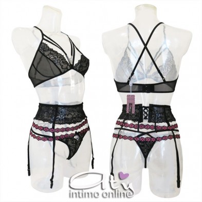 Reggiseno sexy string con perizoma e reggicalze con ricamo Snehana LivCorsetti