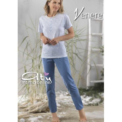 Pigiama mezza manica donna color cielo con foglie e fiori 2079 Venere