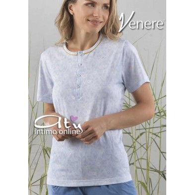 Pigiama mezza manica donna color cielo con foglie e fiori 2079 Venere