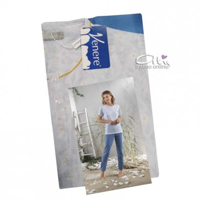 Pigiama mezza manica donna color cielo con foglie e fiori 2079 Venere